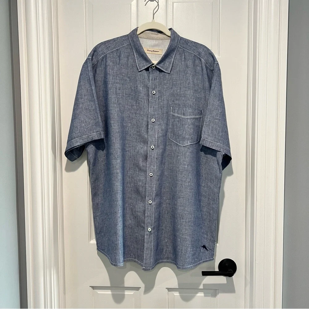 Tommy Bahama Men’s Linen Button Down Shirt Casual Resort Style Chambray Blue XL